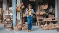 Asian tourist girl shopping, walking in famous local street market looking at beautiful straw hats, happy shopping at Royalty Free Stock Photo