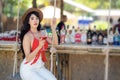 Asian tourist woman in red bikini Royalty Free Stock Photo