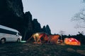 Asian tourists camping at night on the coast of Laos tourist attraction Royalty Free Stock Photo