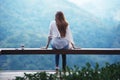 Asian tourists woman on view point at Tea garden doi angkhang T Royalty Free Stock Photo