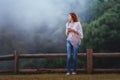 Asian tourists woman on view point at Tea garden doi angkhang T Royalty Free Stock Photo