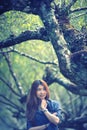 Asian tourists woman on view point at Tea garden doi angkhang T Royalty Free Stock Photo