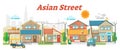 Asian town street outdoor scene with buildings