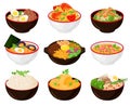 Asian traditional cuisine noodles, wok, soup bowls. Japanese soba, udon, ramen noodle soup bowls with chopsticks vector