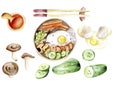 Asian traditional food set: bowl with rice and meat with ingredients : cucumber, mushroom, chilli sauce, egg,chopsticks