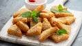 Asian Traditional Prawn Toast with Sesame seeds and sweet chilli sauce on wooden white board Royalty Free Stock Photo