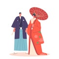 Asian Traditions, Culture Concept. Wedding of Japanese Couple Wear Traditional Costume, Bride and Groom Characters