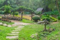 Asian tranquil garden with stone path, pond with beautiful landscape design