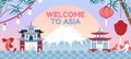 Asian travel background. Japan tourist banner with volcano and buildings. Oriental travelling asia poster, koi fish