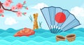 Asian travel background, japanese abstract landscape. Koi fish, sakura branch and fan with red sun in ocean or sea waves