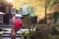 Asian traveler girl in Kimono traditional dress walking in old temple in Autumn season Royalty Free Stock Photo