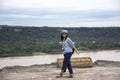 Asian travelers thai women travel and posing at viewpoint cliffs Royalty Free Stock Photo