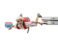 Asian traveling man flying with luggage bag crazy face isolated Royalty Free Stock Photo