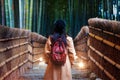 Asian traveller walk in bamboo forest in arashiyama