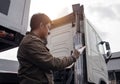 Asian a truck driver holding clipboard inspecting safety vehicle maintenance checklist semi truck. Royalty Free Stock Photo