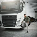 Asian Truck Driver Standing with Semi Trailer Trucks. Cargo Shipping Freight Truck Transport Logistic