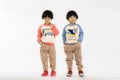 Asian Twins child with dark hair and black eyes isolated on a white background. Photo of adorable young happy twins boy looking at Royalty Free Stock Photo