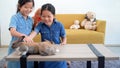 Asian two sisters playful touching fluffy baby rabbit brown white bunny together on table with yellow sofa at home. Happy two