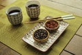 Asian type tea set on wood table with teacups chopsticks and bowls