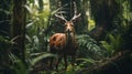 Asian unicorn or saola in nature in the forest Photo. Asian unicorn is a rare animal side view. Save saola. Horizontal photo Royalty Free Stock Photo
