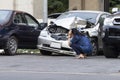 Asian upset driver woman in front of automobile crash car collision accident