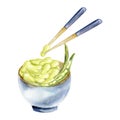 Asian vegan food watercolor illustration. Hand drawn ceramic blue bowl with green beans and chopsticks . Rice bowl vegan Royalty Free Stock Photo