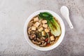 Asian vegan noodle soup with tofu cheese,shiitake mushroms and pak choi in white bow