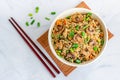 Asian Vegetable and Mushroom Fried Rice in a Bowl on White Background Top Down Photo