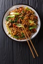 Asian vegetarian food udon noodles with baby bok choy, shiitake mushrooms, sesame and pepper close-up on a plate. Vertical top Royalty Free Stock Photo