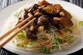 Asian vermicelli with fried eggplants and peanuts close-up on a plate. horizontal Royalty Free Stock Photo