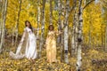 Asian Vietnamese bride with mother in traditional Vietnamese wedding dresses in the yellow autumn aspen trees of Colorado