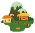 Asian village old house at the mountaine vector illustration. Domestic animals near the house