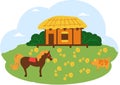 Asian village old house vector art. Thatched-roof rural hut, horse and pig country animals in meadow