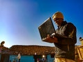 Asian village old man learning about laptop technology at rural area in india January 2020 Royalty Free Stock Photo