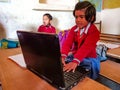 Asian village school student girl operating laptop at classroom in india January 2020 Royalty Free Stock Photo