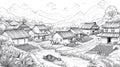 Rural Village Scene Traditional Asian Architecture and Landscape - Sketch Royalty Free Stock Photo