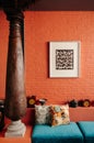 Asian vintage home decor antique ornament, wood pole, colourful brick wall, pillows and cusion