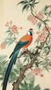 an asian vird in orange and green in an embroidery art, generative ai technology