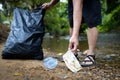 Asian volunteer is picking up trash waste rubbish with garbage bag,medical masks of tourists in national park,problem of littering