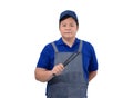 Asian Waiter in blue shirt with apron hand holding Tongs isolated on white