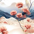 Asian wallpaper with pink flowers, waves, and flowing fabrics (tiled) Royalty Free Stock Photo