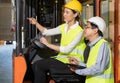 Asian warehouse forklift worker discuss to manager