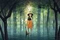 Asian witch little girl with a magic broomstick standing above the water