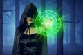 Asian witch woman with cloak showing green pentagram