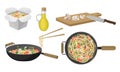 Asian Wok Udon Noodles in Paper Box and in Frying Pan with Sliced Vegetable Ingredients Side View Vector Set