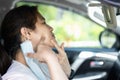 Asian woman with acne on the face caused by wearing face mask,accumulation of fungi,bacteria from sweat,skin irritation, Royalty Free Stock Photo