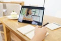 Asian woman aged 30-35 years using tablet, watching lesson online course communicate by conference video call from home, e- Royalty Free Stock Photo