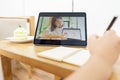 Asian woman aged 30-35 years using tablet, watching lesson online course communicate by conference video call from home, e- Royalty Free Stock Photo