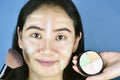 Asian woman applying cosmetics makeup foundation and using color correction concealer.