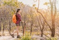 Asian woman with backpack trekking and hike Royalty Free Stock Photo